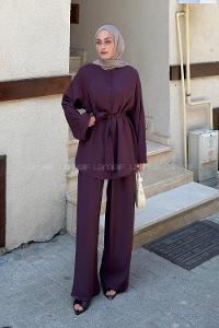 Plum Crew Neck Long Arm Modal Cupra Regular Trousers Comfortable Suit