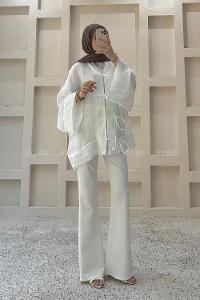 Lamelif Bağlama Detaylı Tül Kimono Beyaz