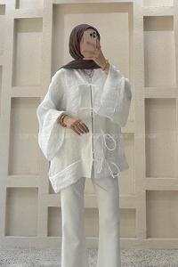 Lamelif Bağlama Detaylı Tül Kimono Beyaz