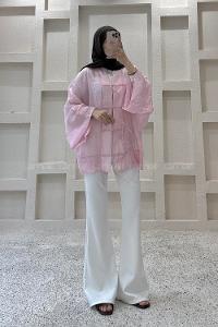 Lamelif Bağlama Detaylı Tül Kimono Pembe