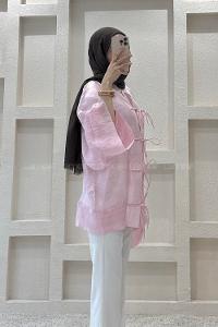 Lamelif Bağlama Detaylı Tül Kimono Pembe