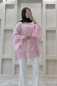 Lamelif Bağlama Detaylı Tül Kimono Pembe