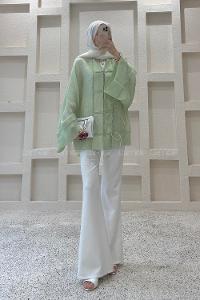 Lamelif Bağlama Detaylı Tül Kimono Yeşil