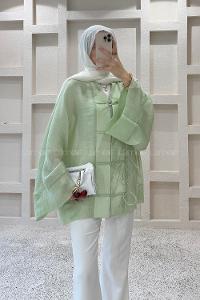 Lamelif Bağlama Detaylı Tül Kimono Yeşil