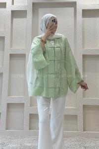 Lamelif Bağlama Detaylı Tül Kimono Yeşil