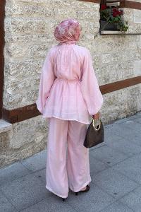 Lamelif Balon Kol Bluz-Pantolon Takım Pembe