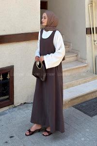 Brown Crew Neck Unprinted Dresess