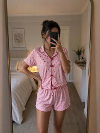 Lamelif Kadın Puantiye Desenli  Kısa Kollu Özel Yaka Şortlu Kadın Pijama Takımı