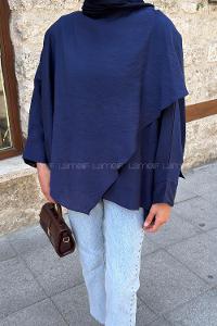 Navy Blue Crew Neck Long Arm Cotton Blouse