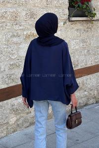Navy Blue Crew Neck Long Arm Cotton Blouse