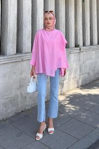 Pink Crew Neck Long Arm Cotton Blouse