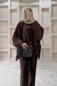 Bitter Brown Crew Neck Long Arm Cotton Regular Trousers Comfortable Suit
