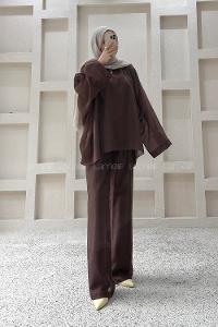 Bitter Brown Crew Neck Long Arm Cotton Regular Trousers Comfortable Suit