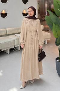 Sand Beige Turtle Neck Cotton Dresess
