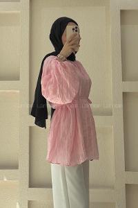 Lamelif Dik Yaka Çizgili Şifon Tunik Pembe