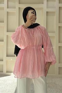 Lamelif Dik Yaka Çizgili Şifon Tunik Pembe