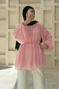Lamelif Dik Yaka Çizgili Şifon Tunik Pembe