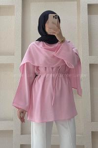 Lamelif Şal Detaylı Kemerli Tunik Pembe
