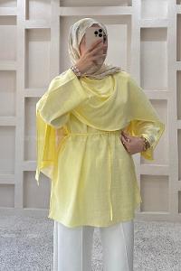 Lamelif Şal Detaylı Kemerli Tunik Sarı