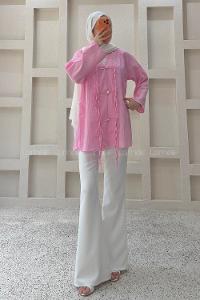 Lamelif V Yaka Süslü Düğmeli Tunik Pembe