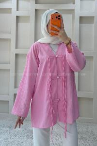 Lamelif V Yaka Süslü Düğmeli Tunik Pembe