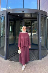Lamelif Yırtmaç Detaylı Oysho Pike Etekli Takım Bordo
