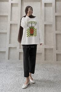 Lamelif Basic Oversize Matcha Baskılı Bluz Beyaz