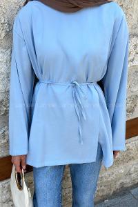 Blue Crew Neck Cotton Polyester Unprinted Tunic