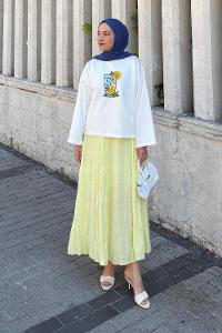 Lamelif Basic Oversize Limon Baskılı Bluz Beyaz