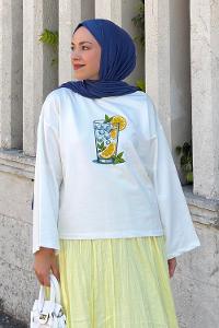 Lamelif Basic Oversize Limon Baskılı Bluz Beyaz