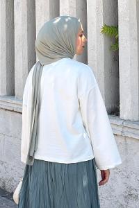 Lamelif Basic Oversize Matcha Baskılı Bluz Beyaz