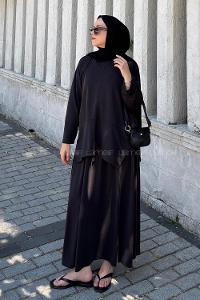 Black Crew Neck Long Arm Oysho Flared Skirt Suit