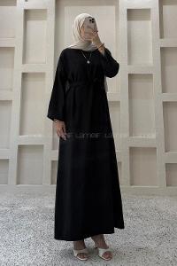 Lamelif Kuşaklı Dokuma Elbise Siyah