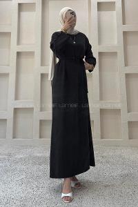 Lamelif Kuşaklı Dokuma Elbise Siyah
