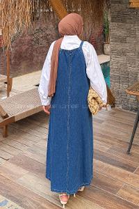 Lamelif Askılı Denim Salopet Elbise Mavi