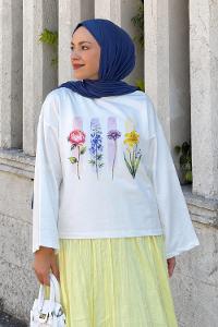 Lamelif Basic Oversize Çiçek Baskılı Bluz Beyaz