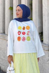 Lamelif Basic Oversize Meyve Baskılı Bluz Beyaz