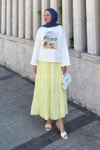 Lamelif Basic Oversize Plaj Baskılı Bluz Beyaz