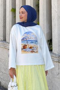 Lamelif Basic Oversize Plaj Baskılı Bluz Beyaz