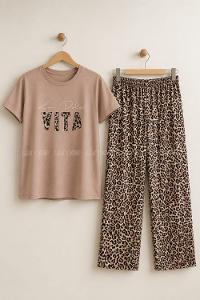 Lamelif Uzun Eşofman Leopar Pijama Takımı Kadın Leopar