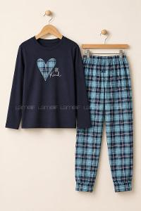 Lamelif Uzun Kollu Ekose Desen Pijama Takımı Kadın Lacivert