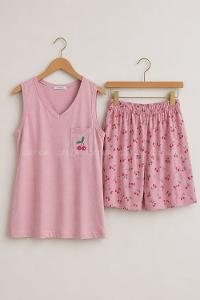 Lamelif İnce Askılı Şort Pijama Takımı Kadın Pembe