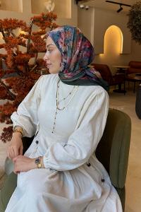 Lamelif Çiçek Desen Bambu Eşarp Zümrüt Yeşili