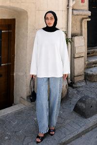 White Crew Neck Long Arm Without Accessories Unprinted Blouse