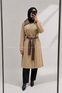 Lamelif Deri Detaylı Trençkot Camel