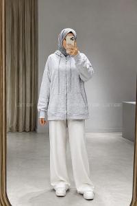 Lamelif Kapüşonlu Cep Detaylı Sweatshirt Hırka Fermuarlı Gri