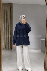 Lamelif Kapüşonlu Cep Detaylı Sweatshirt Hırka Fermuarlı Lacivert