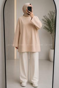 Lamelif Oversize İki İplik Sweat Sütlü Kahve