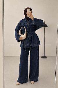 Navy Blue Shirt Collar Long Arm Buttoned Regular Trousers Suit