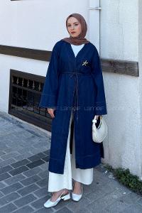Lamelif Gold Broş Detaylı Denim Kimono Koyu Mavi